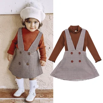 Lioraitiin 1-6Years Toddler Bebek Kız Giyim Seti 2 Adet Uzun Kollu Katı örgü Üst Ekose Elbise Moda Kıyafet