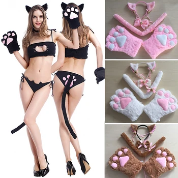 2022 Sıcak 1 Takım Kedi Hayvan Kulaklar Peluş Pençe Pençe pamuk eldivenler Kuyruk Şerit Anime Cosplay Kostümleri 5 Renk Eldiven