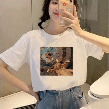 Yağlıboya Kedi Grafik Kadın T Shirt Ullzang Sevimli Estetik T-shirt Büyük Boy Komik Karikatür T Shirt Kediler Miyav Üst Tee Kadın