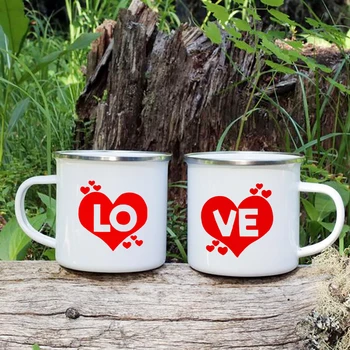 Aşk Kalp Yaratıcı Baskı Çiftler Emaye Kahve Çay Kupalar Açık Seyahat Kamp su bardakları Kolu Drinkware Sevgililer Hediye