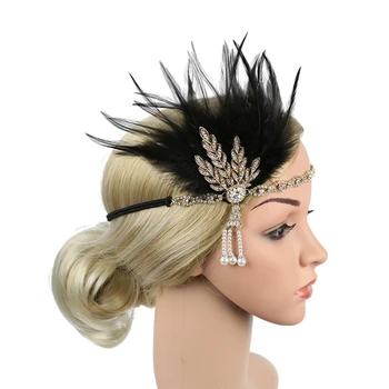 Kadın Başlığı Tüy Sineklik Kafa Bandı Parlak Great Gatsby Headdress Başlığı Vintage Balo Moda Getsbı saç aksesuarları