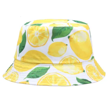 Limon Baskılı Kova Şapka Kadın Erkek Ananas Kiraz Yaz Güneş Panama Kapaklar Kızlar Plaj Balıkçılık Pamuk Balıkçı Şapka 2021