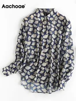 Aachoae Kadınlar Vintage Baskılı Sonbahar bahar uzun kollu elbise Bluz Gömlek Turn-aşağı Yaka Ofis bayan bluz Şık Gevşek Gömlek