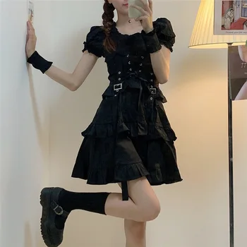 Kadın Gotik Lolita Elbise Goth Punk Gotik Harajuku Merkezi Goth Tarzı Bandaj siyah elbise Puf Kollu Elbise