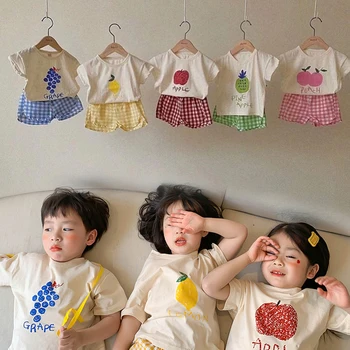 MILANCEL 2022 Yaz Yeni Çocuk Takım Elbise Sevimli Meyve Baskı Tees ve Ekose Şort Erkek ve Kız Kore Rahat Çocuk 2 Adet Setleri