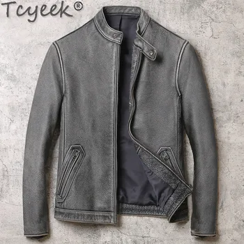 Tcyeek Bahar Sonbahar 100 % Gerçek Deri Ceket Erkekler Motosiklet Vintage Ceket Erkek Giyim Mont ve Ceketler Chaqueta De Los Hombres