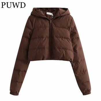 PUWD Vintage Kadınlar Pamuk Yastıklı Kahverengi Kapşonlu Parkas 2021 Kış Moda Bayanlar Sıcak Streetwear Coats Kızlar Şık Kalın Dış Giyim