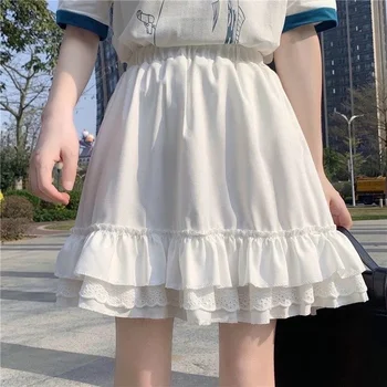 Pileli Ruffles Dantel Yüksek Bel Elastik Yaz Öğrenci Tatlı Moda Japonya JK Hepburn Ince Balo Kadın Etek