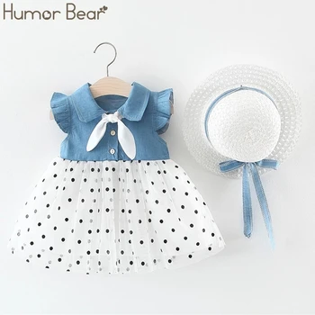 Mizah Ayı Yeni Yaz Bebek Kız Elbise Denim Örgü Uçan Kol, Şapka Gibi Bir Hediye 2PC Set Bebek Çocuk Giyim Bebek Kız Elbise