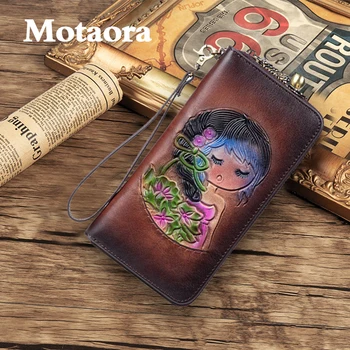 MOTAORA Retro kadın Cüzdan Karikatür Kabartmalı Deri Cüzdan kadın kart tutucu Vintage İnek Derisi Uzun Çanta kart çantası Nakit