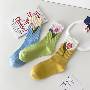 Japon Tarzı Yeni Bahar Sevimli Üç Boyutlu Lale Çiçek Çorap Nefes Orta Tüp Pamuk Çorap Kadın Çorap