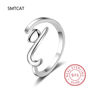 SMTCAT 100 %925 Ayar Gümüş Yapışkan Kedi Uzun Kuyruk Parmak Yüzük Kadın Yüzük Ayarlanabilir Nişan Yüzüğü Takı SCR220