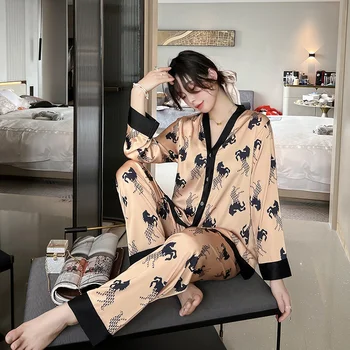 Lisacmvpnel bahar yeni buz ipek pijama kadın yaz uzun kollu ince baskı takım elbise ışık lüks büyük boy pijama