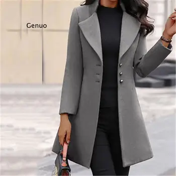Kadın Moda Uzun Kollu Yün Ceket Yaka Düz Renk Uzun Ceket Ceket Kore Versiyonu Yeni Sonbahar Moda Uzun Hırka