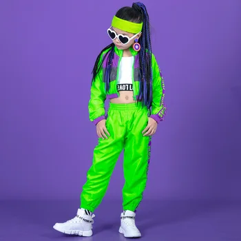 Çocuk Kız Floresan Yeşil Setleri Streetwear Sahne Gösterisi Hip Hop Caz Dans Giyim Gençler Çocuk Eşofman Ceket Pantolon