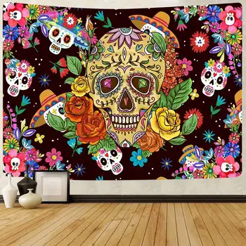 Simsant Yaz Fiesta Tema Meksika Goblen Kafatası Çiçek Sanat Duvar Asılı Halılar Oturma Odası Ev Yurt Dekor