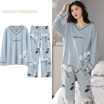 Bahar Sonbahar Örme Pamuk Zarif Kadın Çiçek Pijama Setleri Pijama Rahat Salonu Seti Ekose Pantolon Pijama Bayan Ev Moda