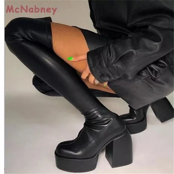 Kadın Çizmeler Yüksek Topuklu Tıknaz Platformu Siyah Kış Çizmeler Diz Yüksek Çizmeler Kalın Topuk Platformu Uzun Çizmeler Martin Çizme parti ayakkabıları