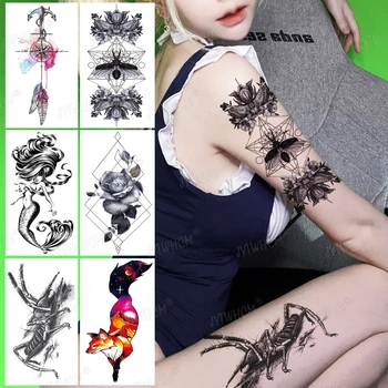 Koyu Stil Geçici Dövmeler Kadınlar İçin Tilki Mantis Uçan Böcek Güzellik Siyah Çiçek Gül Flaş Sanat Su Geçirmez Sahte Dövme Etiket