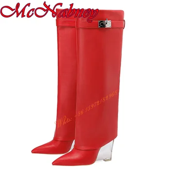 Seksi Kırmızı Katı Deri Çizmeler Sivri Burun Temizle Kama Topuklu Diz Yüksek Pantolon Çizmeler kadın ayakkabıları Üzerinde Kayma metal tokalar Kış ayakkabı