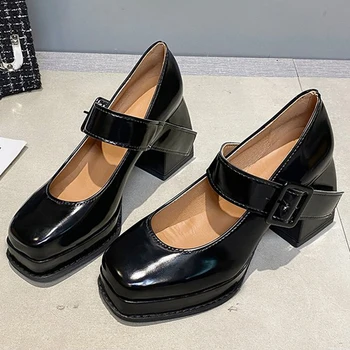 Rimocy Kare burunlu yüksek topuklu Mary Janes Kadınlar için Moda Ayak Bileği Kayışı Platformu Pompaları Bayanlar Pu Deri Kalın Topuk Goth Ayakkabı
