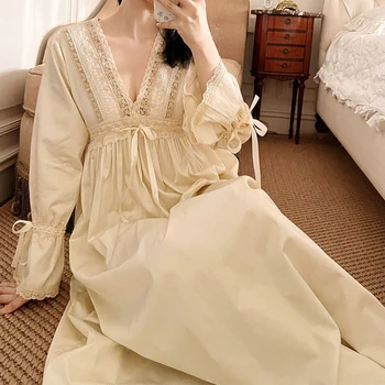 Saf Pamuk Vintage gece elbisesi Giyim Kadın Sonbahar Kayısı Uzun Elbise Nightie Victoria Nightgowns Gecelik Prenses Pijama