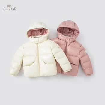 DKY20206 dave bella kış bebek kız 5Y-13Y moda katı kapşonlu uzun kaban çocuk 90 % beyaz ördek aşağı yastıklı çocuk ceketi