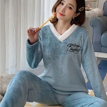 Bayan Termal Fanila Ev Giyim Pijama & Kış Kadın Soğuk Sleepcoat Seti Sıcak Kadın V-boyun Mercan Polar Pijama Devam Ayarla 