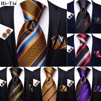 Hi-kravat Altın Siyah Çizgili İpek Düğün Kravat Erkekler İçin Moda Tasarım Hediye Erkekler Kravat Mendil Kol Düğmesi Seti İş Parti Dropshipping