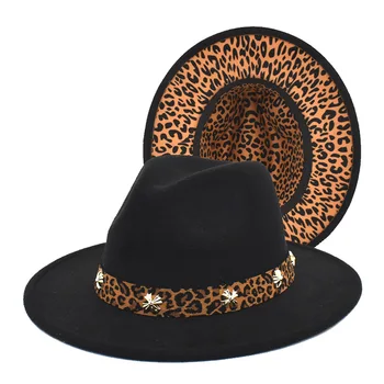 Fedora şapka kadın çift taraflı renk eşleştirme zinciri leopar baskı yün caz şapka sonbahar kış yeni moda erkek büyük şapka