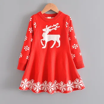 Kız Kazak Elbise Kırmızı Noel Çocuklar Kız Parti Elbiseler Yeni Yıl Çocuk Giyim Zarif Vestidos Sonbahar Elbise Elbise