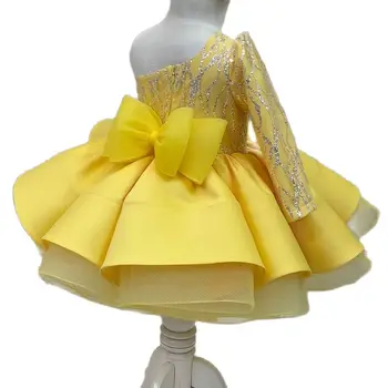 Sarı Bebek Kız Elbise Yay Kabarık Elbiseler Kızlar İçin Yüksek Yaka Yay Communion Elbise Diz Boyu Çiçek Kız Elbise Çocuklar Elbiseler