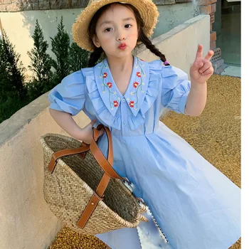 Yaz Kız Elbise Kore Tarzı Pamuk Tatlı Dantel Kabarcık Kollu Çiçek Nakış Bebek Çocuk Giysileri Çocuk giyim