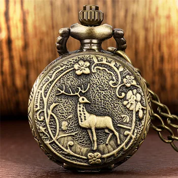 Antika Kazınmış Elk Alaşım Durumda Erkekler Kadınlar Kuvars Analog cep saati Küçük Boy Tam Avcı Saati Kazak Zinciri ile Timepiece
