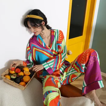 Gevşek Kore Kadın İpek Baskılı Pijama Seti 2 Pijama Hırka Uzun Kollu pantolon seti Seksi Saten Pijama Rahat Ev Giysileri