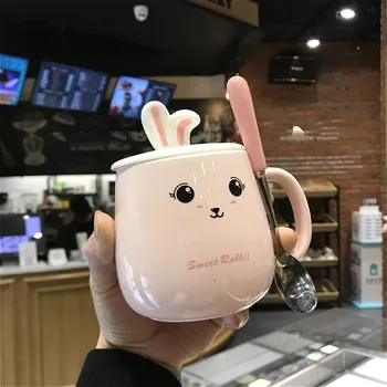 Sevimli Kız Kalp Kupa Yaratıcı Kişilik Tavşan seramik fincan Ofis Su Bardağı Trend Kahve kapaklı bardak kaşık