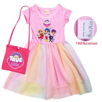 Yeni Gelenler Gerçek ve Anime Gökkuşağı Krallık T Shirt Pilili Elbise + çanta Çocuklar Yaz günlük kıyafetler Bebek Kız Prenses Elbiseler