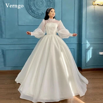 Verngo Mütevazı Bir Çizgi Organze Gelinlik Yüksek Boyun Uzun Kollu Düğmeler Basit gelinlikler Kadınlar Basit Vestido de noiva