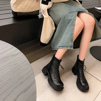 Yüksek kalite hakiki Deri Kadın yarım çizmeler Olgun Muhtasar Klasik Ofis Bayan Kalın Topuklu Sonbahar Kış Ayakkabı Kadın