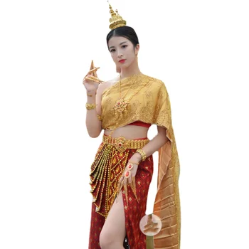 Tay Kostüm Kadınlar Boncuklu Tüp Üstleri Etek Şal Güneydoğu Asya Tarzı Düğün Parti Elbise Festivali Tayland Geleneksel Giyim