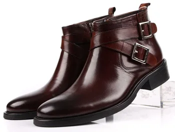 Büyük boy EUR46 siyah / kahverengi tan çift toka iş erkek botları hakiki deri elbise botları erkek yarım çizmeler