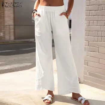 S-Moda Kadın Elastik Bel Geniş Bacak Pantolon yazlık pantolonlar ZANZEA Casual Katı Uzun Pantalon Gevşek Pamuk Flare Palazzo