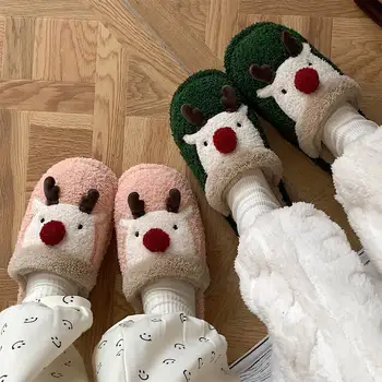 Kadın Kış Sevimli Noel Elk pamuk terlikler Moda Düz INS Ev Yatak Odası Kat Kabarık Sıcak Slaytlar Pantuflas Chaussons