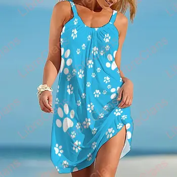 Yeni Yaz Köpek Pow Dikişsiz Desen Moda Stil Beachwear Degrade Halter Seksi Kolsuz Slim Fit Taze O-Boyun Plaj Elbise