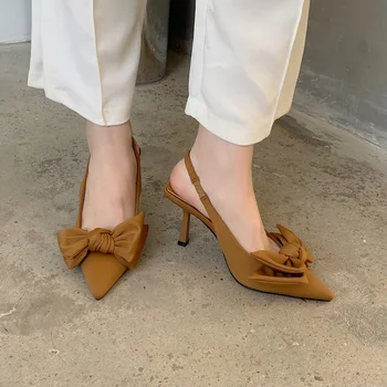 2022 Yaz Marka Kadın Slingback Sandalet Ayakkabı Moda Yay-düğüm Sivri Burun Bayanlar üzerinde Kayma Zarif Elbise Ayakkabı Pompaları