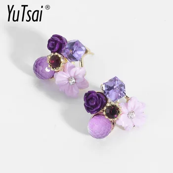 YUTSAI Yeni Moda Kore Tasarım Romantik Mor Opal taş top küpe Kristal Çiçek Saplama Küpe Kadınlar Takı ıçin YT345