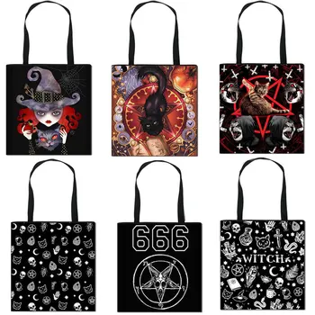 Cadı / 666 / Dolu Şeytan Kadın omuzdan askili çanta Baphomet / Büyücülük Çanta Siyah Kedi Nedensel Tote Çanta Bayanlar alışveriş çantası