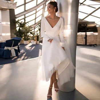 Basit kısa düğün elbisesi 2021 çay Boyu A-line Uzun Kollu Beyaz fildişi Gelin Gelin Kıyafeti Saten Tül Zarif Özel Boyut