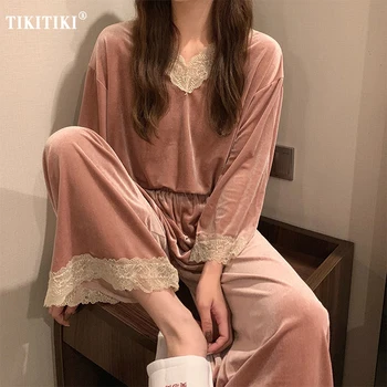Kadın Sıcak Kadife Pijama Set Uzun Kollu Dantel Üst Ve Pantolon Düz Renk Kış Gevşek Artı Boyutu Termal Ev Giysileri Takım elbise