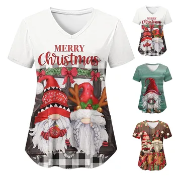 Noel hemşire üniforması Kadın Tıbbi Scrubs Iş Giysisi Noel Noel Baba Baskı Kısa Kollu Gömlek Cep Hemşirelik Uniformes Scrubs